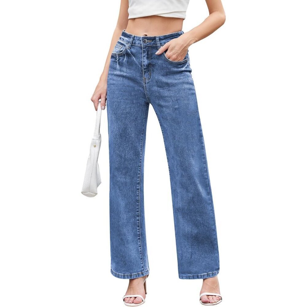 Women`s Stretchy Denim Jeans High Waisted Wide Leg Pockets Casual